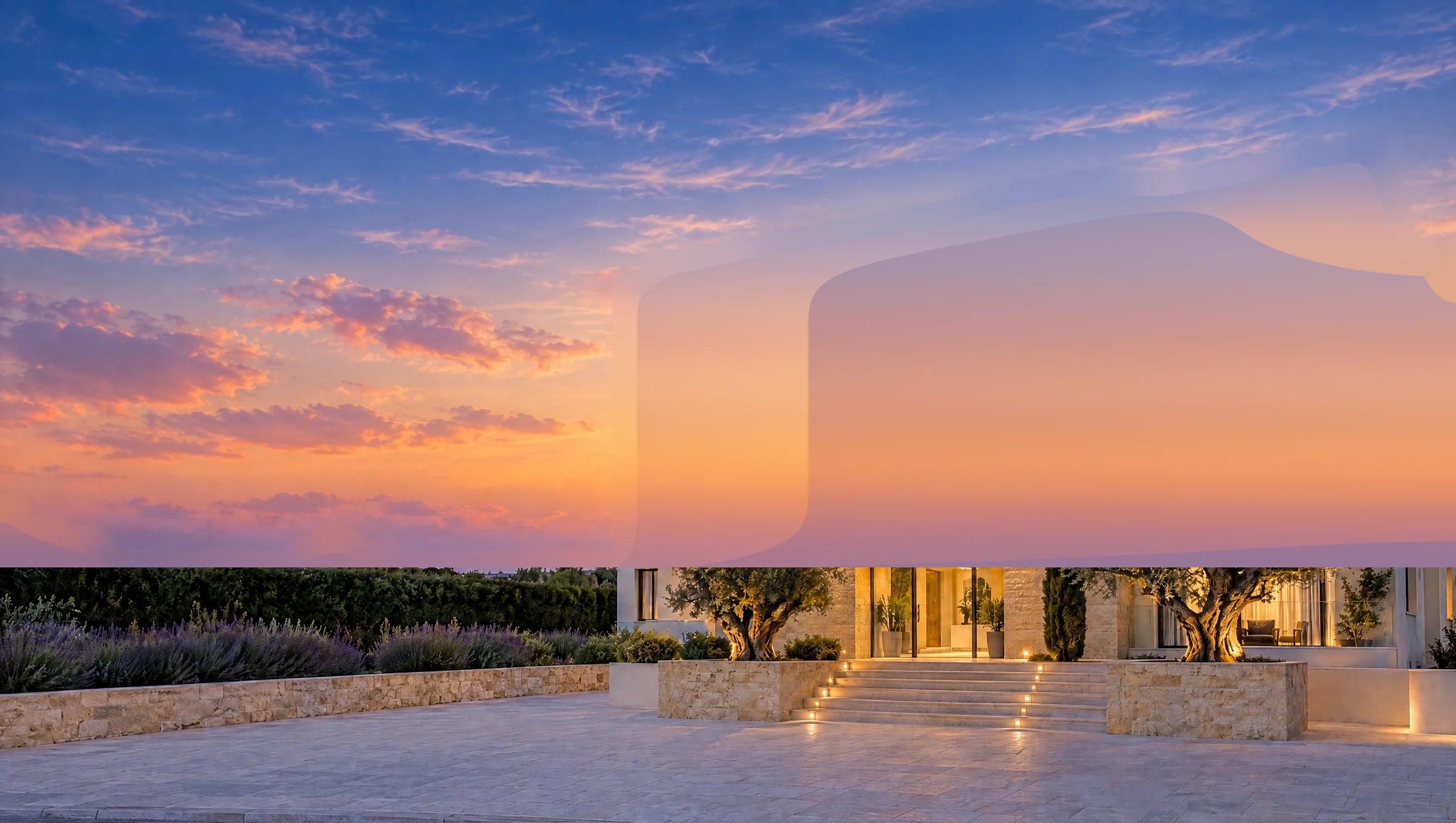 A new three-storey building in Cyprus in the evening: lit windows, stone steps up to a lit entrance, olive trees in planters (visualisation)