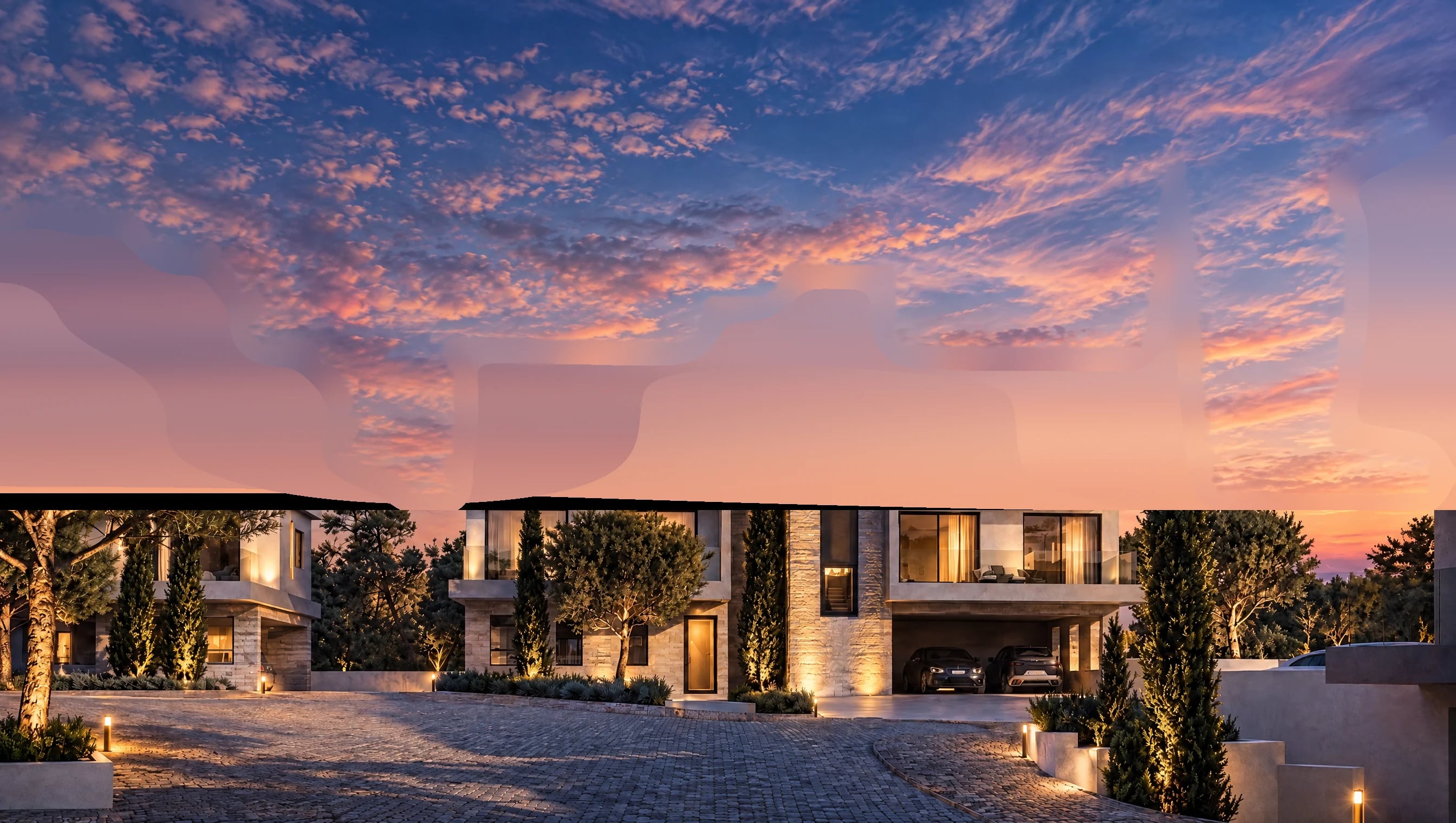 Cypress Park, Yeroskipou — one of the blocks in the evening: lit windows, a stone stair tower, cypress trees and a paved courtyard (visualisation)