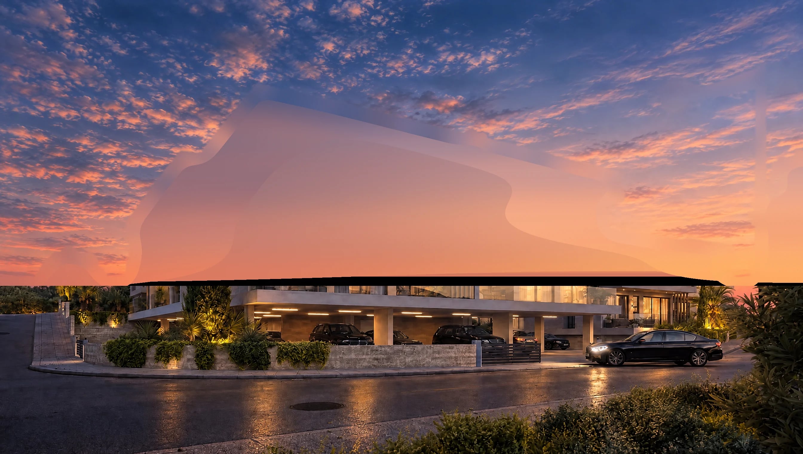 Panorama Apartments, Yeroskipou — one of the blocks in the evening: lit windows, glass balcony railings, a cypress by the entrance and a street lamp (visualisation)