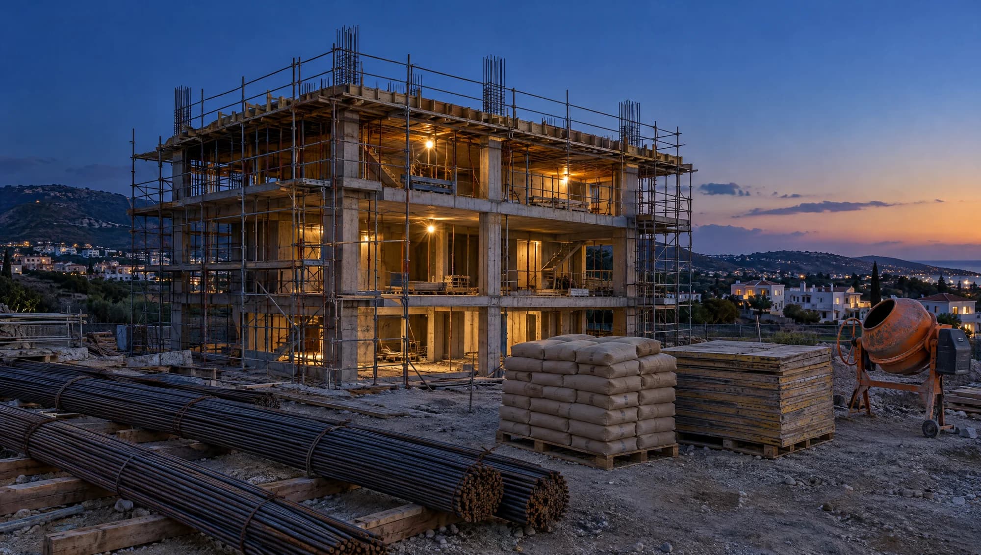 A building under construction near Paphos at blue hour: scaffolded frame, bundles of rebar, cement bags on a pallet, a concrete mixer