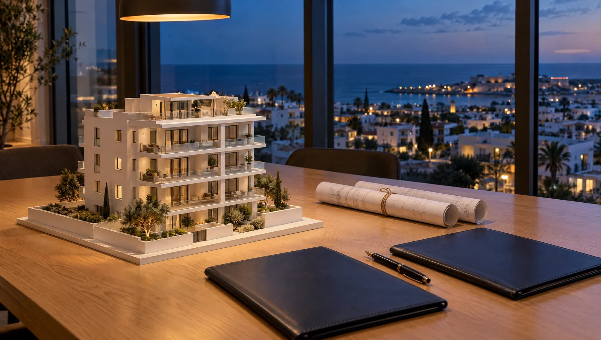 A white scale model of an apartment building on a meeting table, with rolled drawings and two leather folders, a seaside town at dusk outside