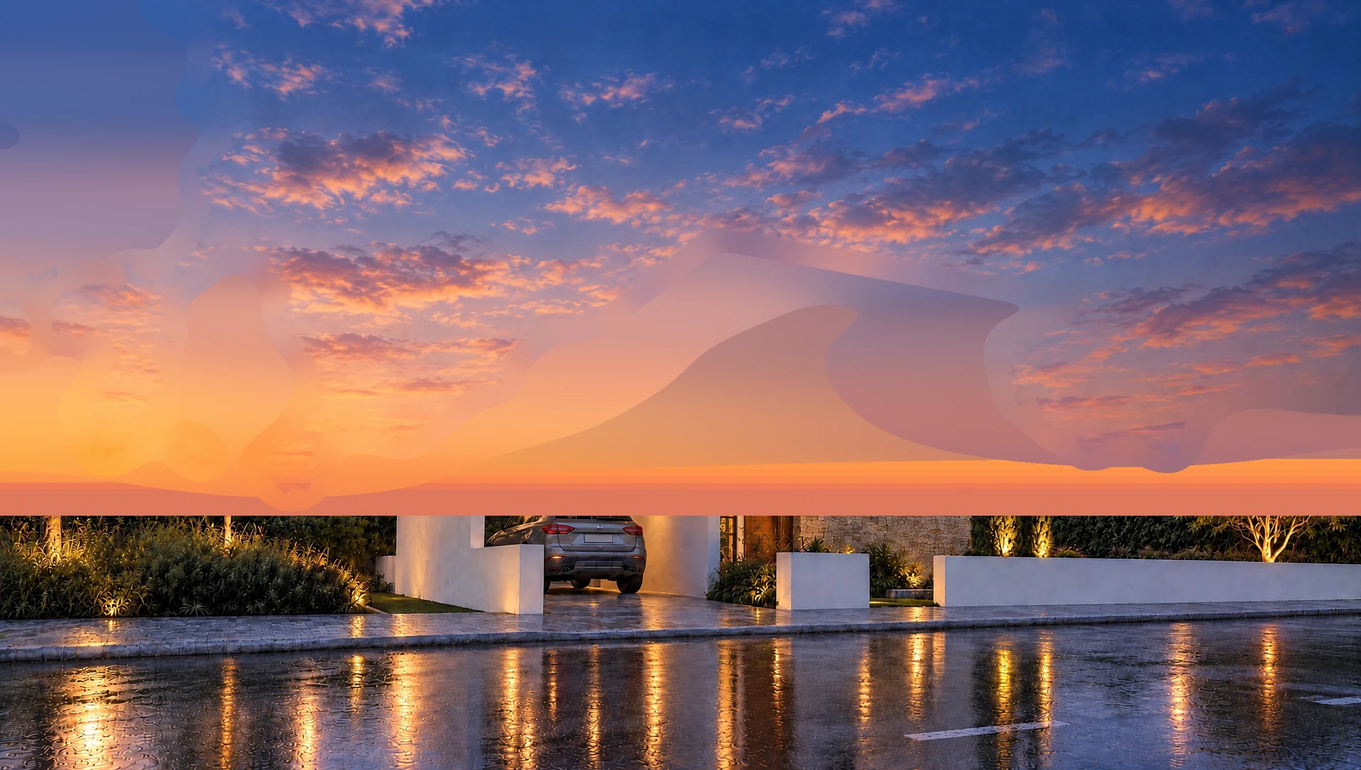Imperium Resort, Anarita — a villa in the evening: lit windows and roof soffit, the carport, cypress trees by the entrance, a rain-wet street (visualisation)